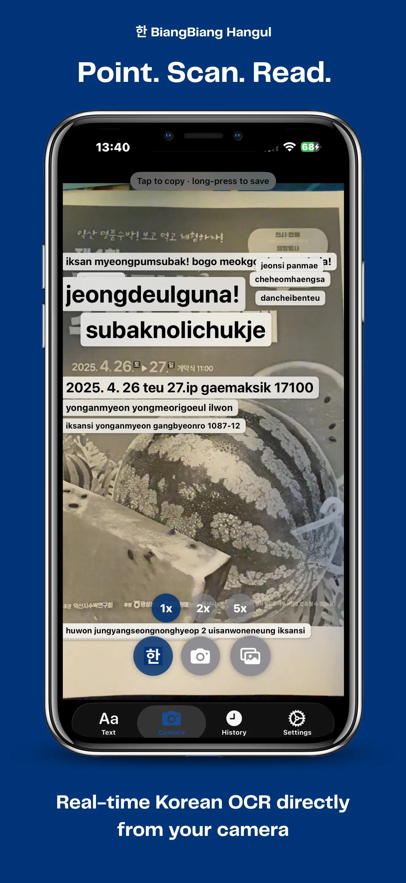 Live camera OCR scanning Korean text and showing its romanization